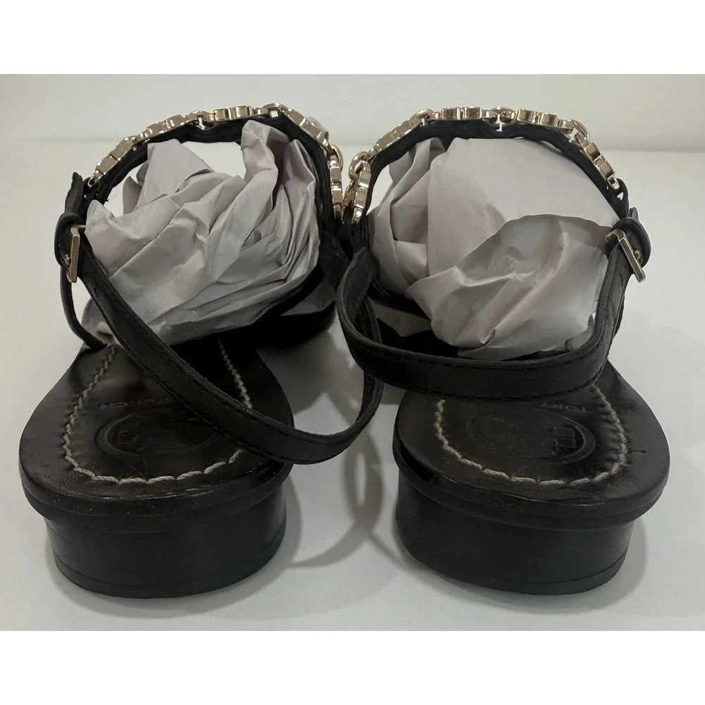 Tory Burch Gemini Black Leather Gold Chain T Link Strap Sandals Size 6.5